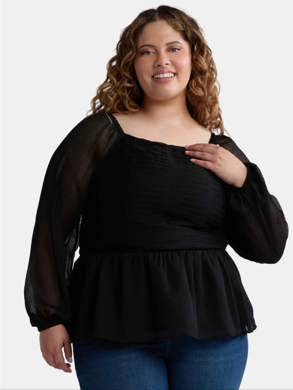 Terra & Sky Black Sheer Peplum Blouse with Ruched Bodice
